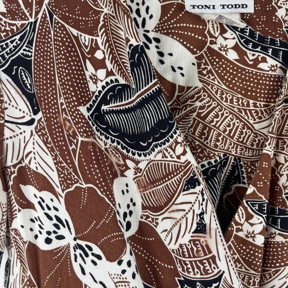Vintage 70s Toni Todd Brown Black Floral Safari Faux Wrap Knee Dress Women's 10 - Picture 5 of 12